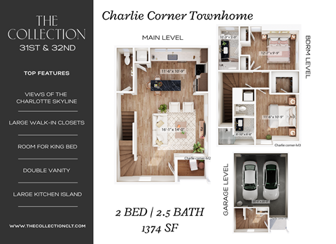 Floor plan for 2 beds, 2.5 baths, 1374 sqft